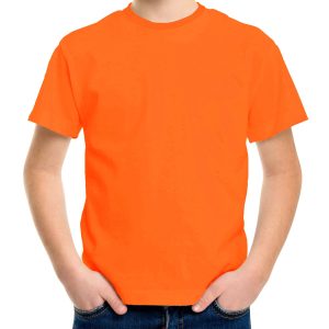 Basic kinder shirt voor meisjes en jongens met ronde hals oranje van katoen Koningsdag / oranje supporter
