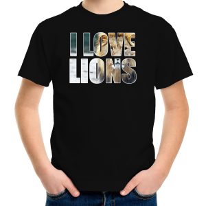 Tekst shirt I love lions foto zwart voor kinderen - cadeau t-shirt leeuwen liefhebber