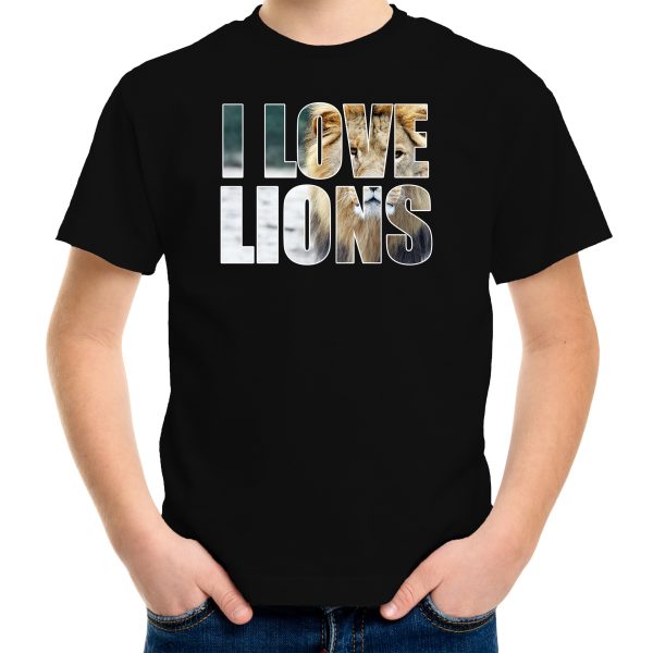 Tekst shirt I love lions foto zwart voor kinderen - cadeau t-shirt leeuwen liefhebber