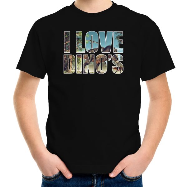 Tekst shirt I love dinosaurs foto zwart voor kinderen - cadeau t-shirt dinosauriers liefhebber