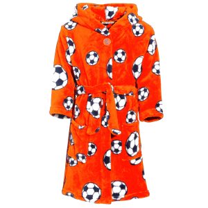 Badjas/ochtendjas oranje fleece voetbal print voor kinderen.