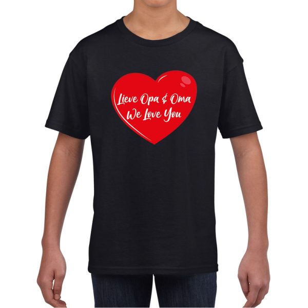 Lieve opa en oma we love you t-shirt zwart met rood hartje voor kinderen - jongens en meisjes - t-shirt / shirtje