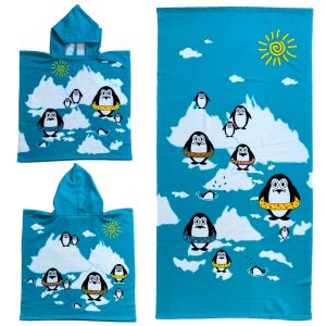 Set van bad cape/poncho met strand/badlaken microvezel - Strandhanddoeken voor kinderen met pinguins
