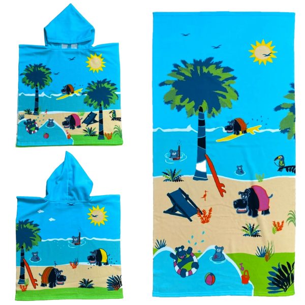 Set van bad cape/poncho met strand/badlaken microvezel - voor kinderen met nijlpaard