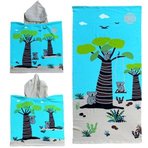 Set van bad cape/poncho met strand/badlaken microvezel - Strandhanddoeken voor kinderen met koalas