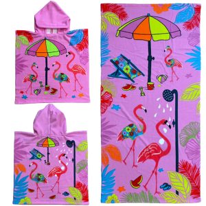 Set van bad cape/poncho met strand/badlaken microvezel - Strandhanddoeken voor kinderen met flamingo