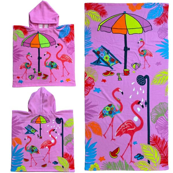 Set van bad cape/poncho met strand/badlaken microvezel - Strandhanddoeken voor kinderen met flamingo