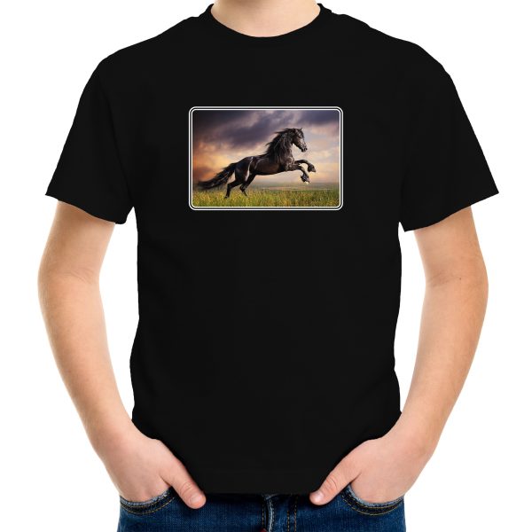 Dieren t-shirt met paarden foto zwart voor kinderen - paard cadeau shirt