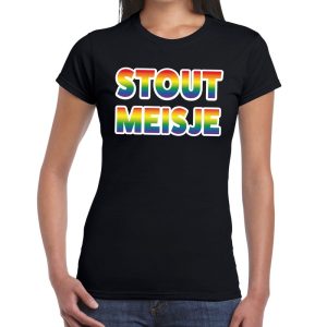 Stout meisje gay pride t-shirt zwart met regenboog tekst voor dames - Gay pride/LGBT kleding