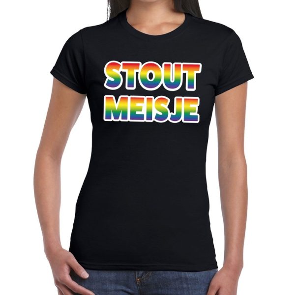 Stout meisje gay pride t-shirt zwart met regenboog tekst voor dames - Gay pride/LGBT kleding