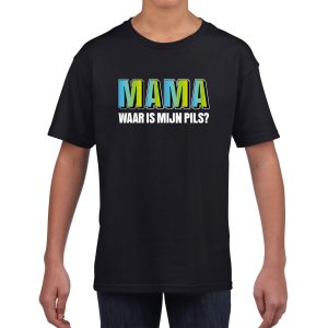Mama waar is mijn pils tekst zwart t-shirt blauwe/groene letters voor jongens en meisjes