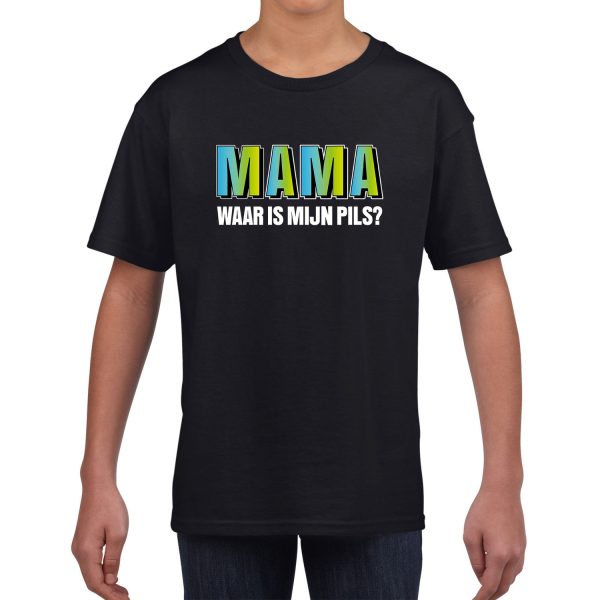 Mama waar is mijn pils tekst zwart t-shirt blauwe/groene letters voor jongens en meisjes