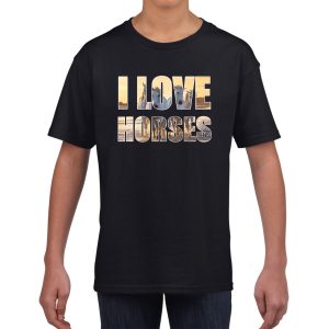 I love horses / paarden t-shirt zwart kids - paarden dieren t-shirt / kleding - cadeau t-shirt / paarden shirts voor paardenmeisjes / jongens - kinderkleding / kleding