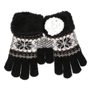 Gebreide handschoenen zwart met sneeuwster en nep bont voor meisjes/kinderen