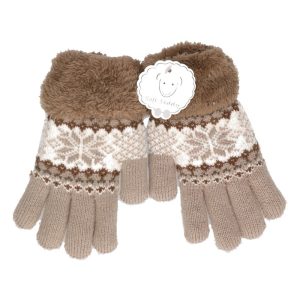 Gebreide handschoenen bruin met sneeuwster en nep bont voor meisjes/kinderen