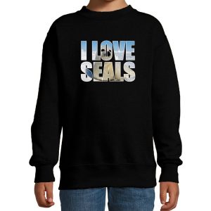 Tekst sweater I love seals foto zwart voor kinderen - cadeau trui zeehonden liefhebber