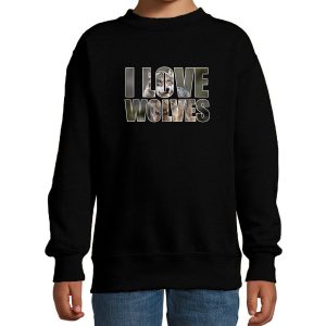 Tekst sweater I love wolves foto zwart voor kinderen - cadeau trui wolven liefhebber
