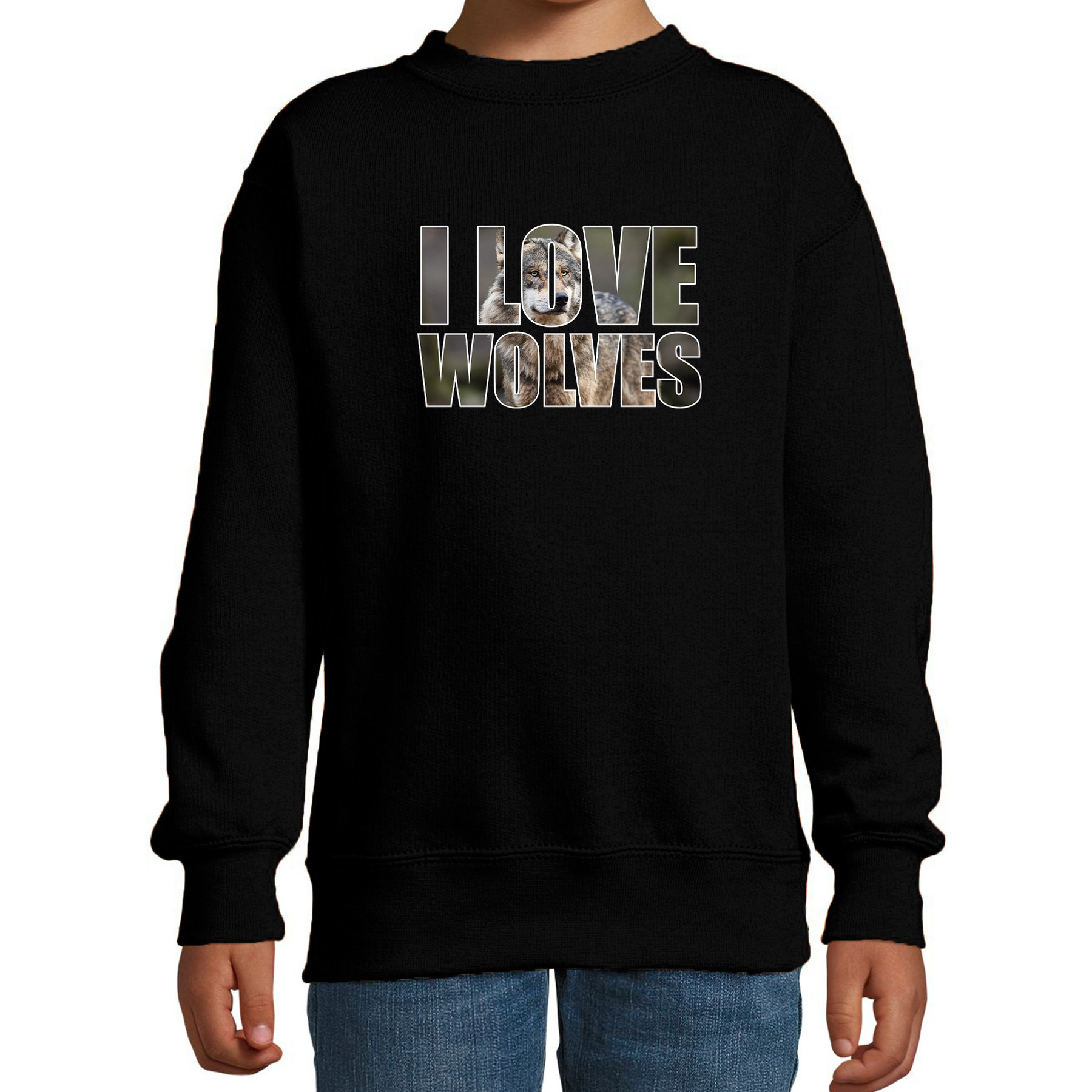 Tekst sweater I love wolves foto zwart voor kinderen - cadeau trui wolven liefhebber 1 Tekst sweater I love wolves foto zwart voor kinderen - cadeau trui wolven liefhebber