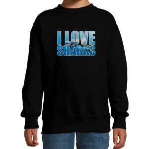 Tekst sweater I love sharks foto zwart voor kinderen - cadeau trui haaien liefhebber