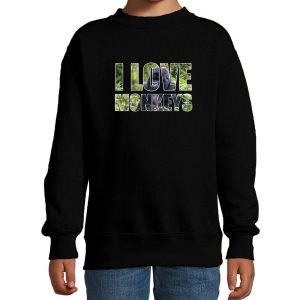 Tekst sweater I love monkeys foto zwart voor kinderen - cadeau trui apen liefhebber