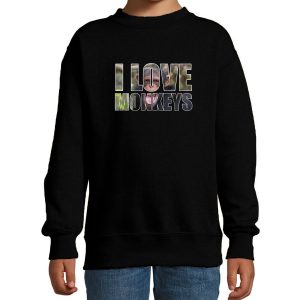 Tekst sweater I love chimpanzee monkeys foto zwart voor kinderen - cadeau trui apen liefhebber