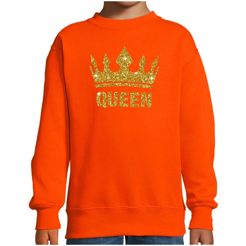 Oranje Koningsdag - gouden glitter - Queen sweater / trui - kinderen - Oranje Koningsdag kleding - met gouden print 1 Oranje Koningsdag - gouden glitter - Queen sweater / trui - kinderen - Oranje Koningsdag kleding - met gouden print