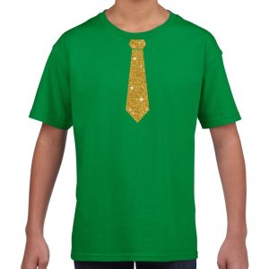 Verkleedkleding t-shirt - groen - met kleine Stropdas - goud glitters - voor kinderen - carnaval