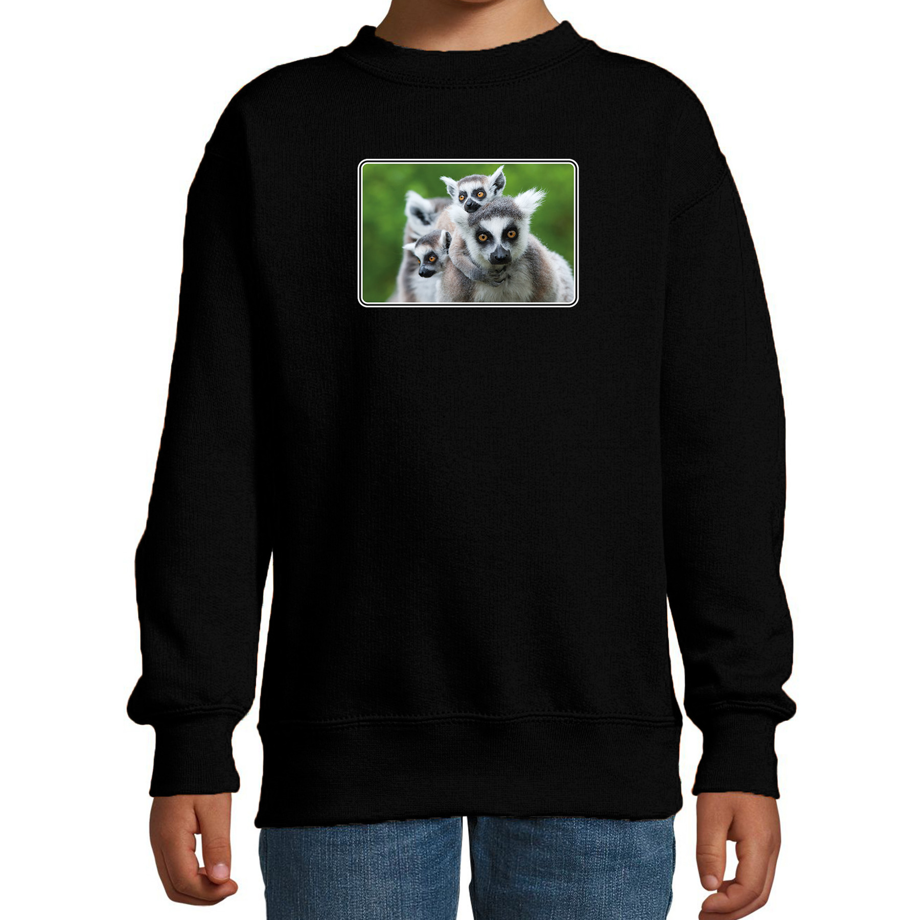 Dieren sweater met maki apen foto zwart voor kinderen - ringstaart maki cadeau trui 1 Dieren sweater met maki apen foto zwart voor kinderen - ringstaart maki cadeau trui