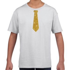 Verkleedkleding t-shirt - wit - met kleine Stropdas - goud glitters - voor kinderen - carnaval
