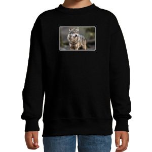 Dieren sweater met wolven foto zwart voor kinderen - wolf cadeau trui