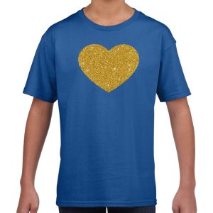 Feestkleding t-shirt - kinderen - met gouden glitter hartje - blauw - korte mouwen