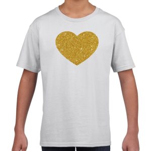 Feestkleding t-shirt - kinderen - met gouden glitter hartje - wit - korte mouwen