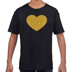 Feestkleding t-shirt - kinderen - met gouden glitter hartje - zwart - korte mouwen