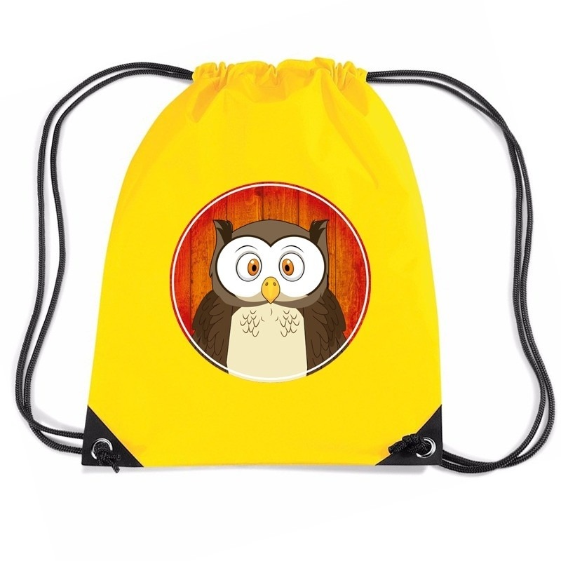 Uil dieren trekkoord rugzak / gymtas geel voor kinderen 1 Uil dieren trekkoord rugzak / gymtas geel voor kinderen
